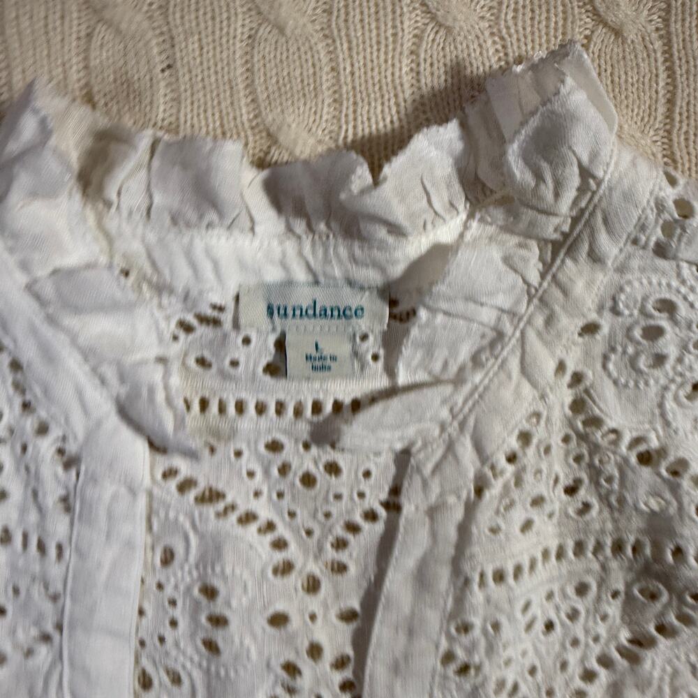 Sundance Floral Popover Colorful Embroidered Linen Short Sleeve Blouse L - Picture 3 of 8